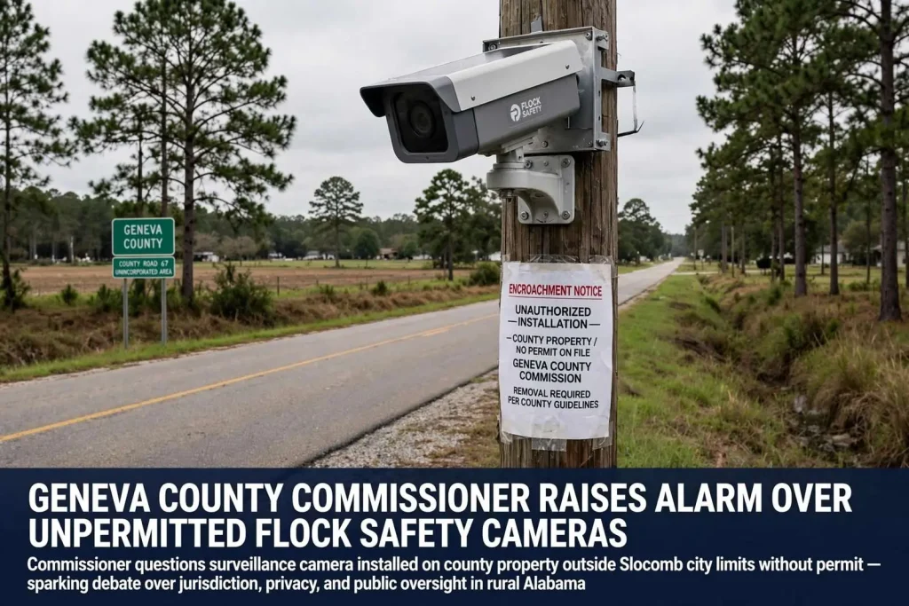 Illustration for the news story: Geneva County Commissioner Raises Alarm Over Unpermitted Flock Safety Cameras