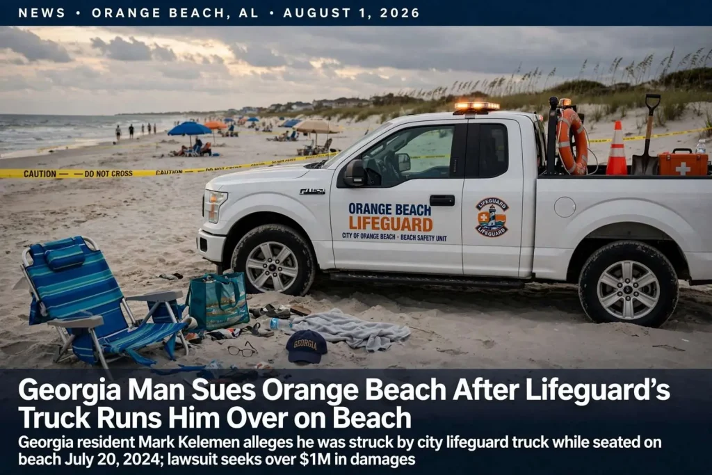 Illustration for the news story: Georgia Man Sues Orange Beach After Lifeguard’s Truck Runs Him Over on Beach