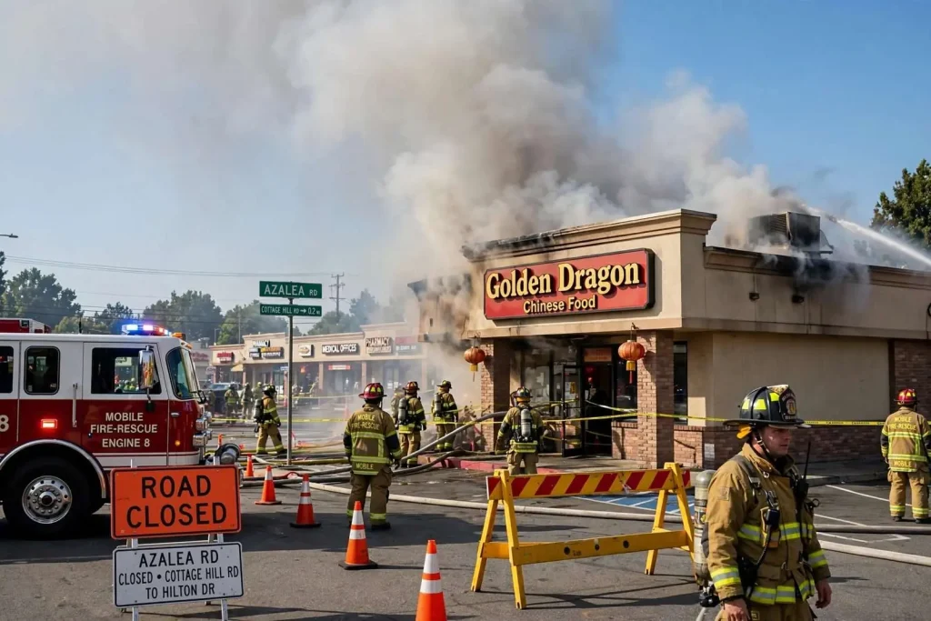 Illustration for the news story: Kitchen Fire at Golden Dragon Sends Smoke Through the Roof and Shuts Down Part of Azalea Road