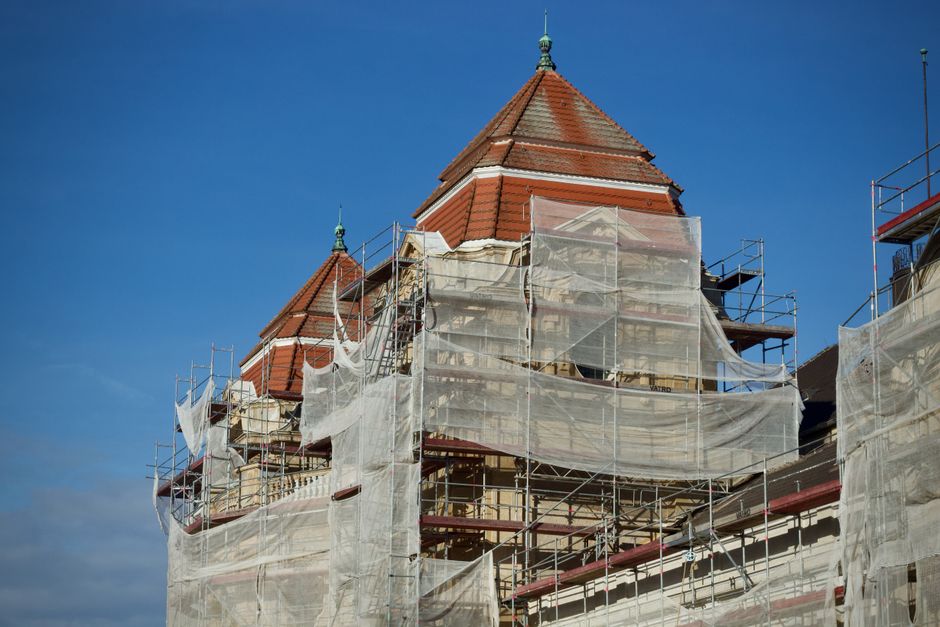 Interior scaffolding during a roof repair project, representative of the Government Plaza repair in Mobile