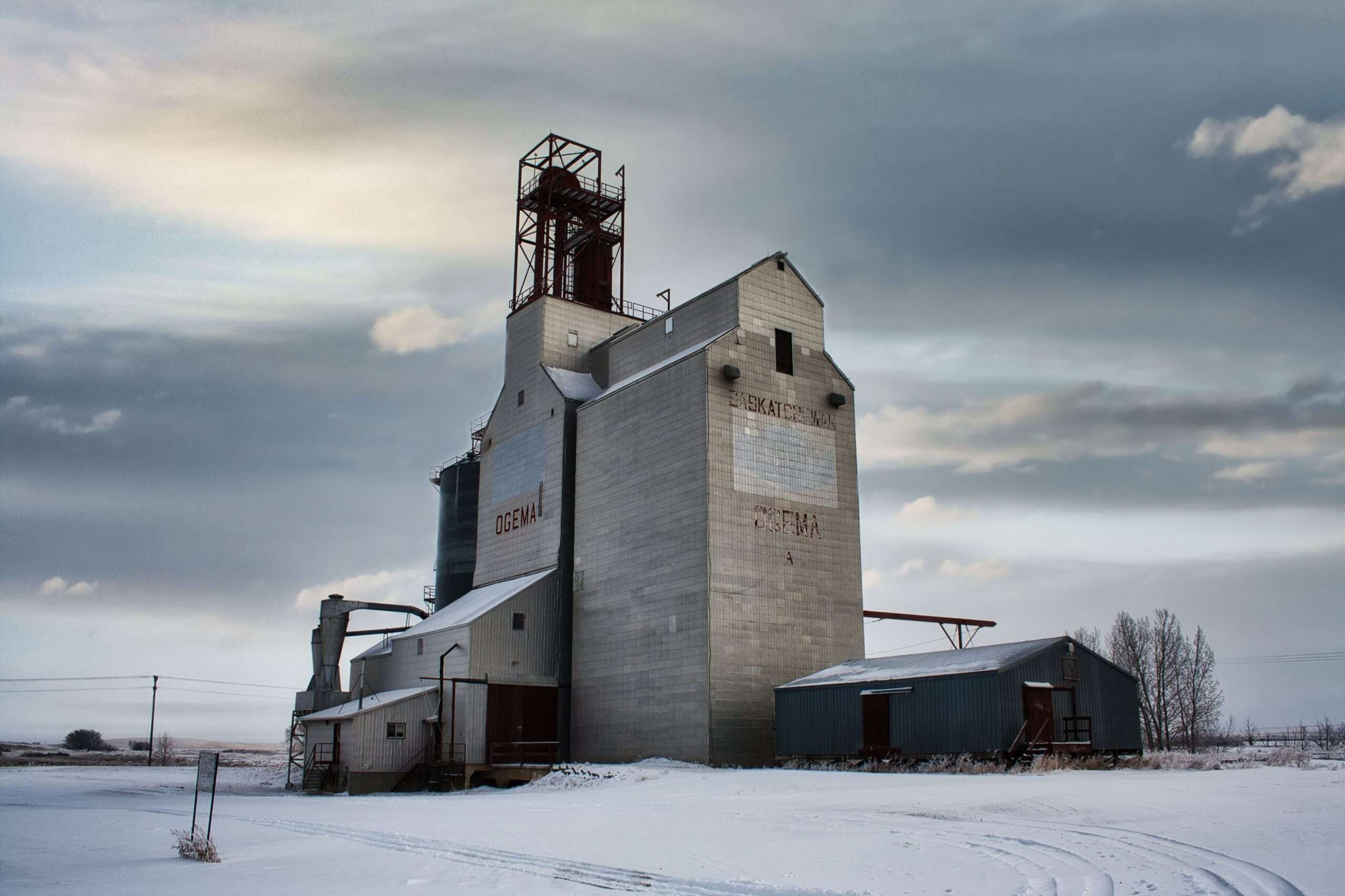 Grain elevator and storage silo in a rural farming area