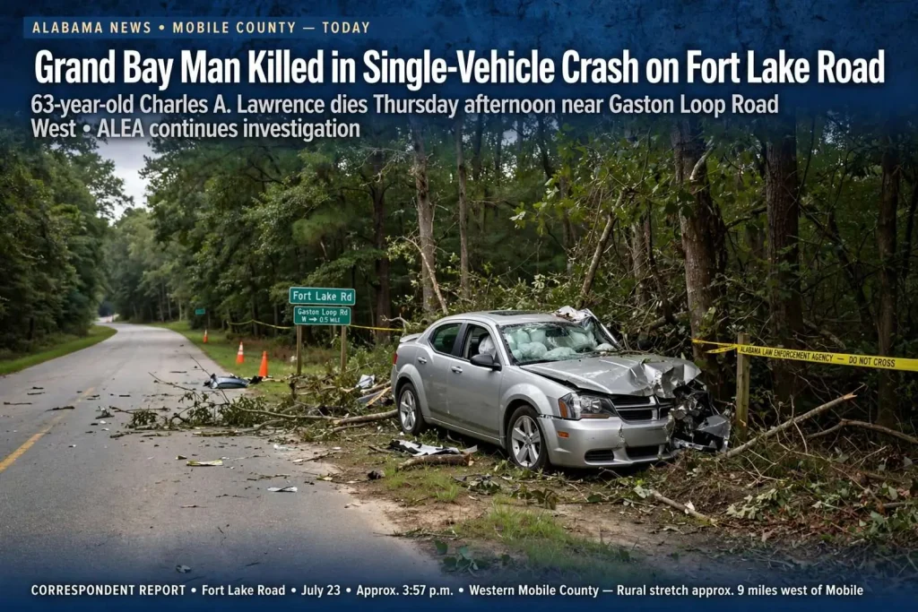 Illustration for the news story: Grand Bay Man Killed in Single-Vehicle Crash on Fort Lake Road