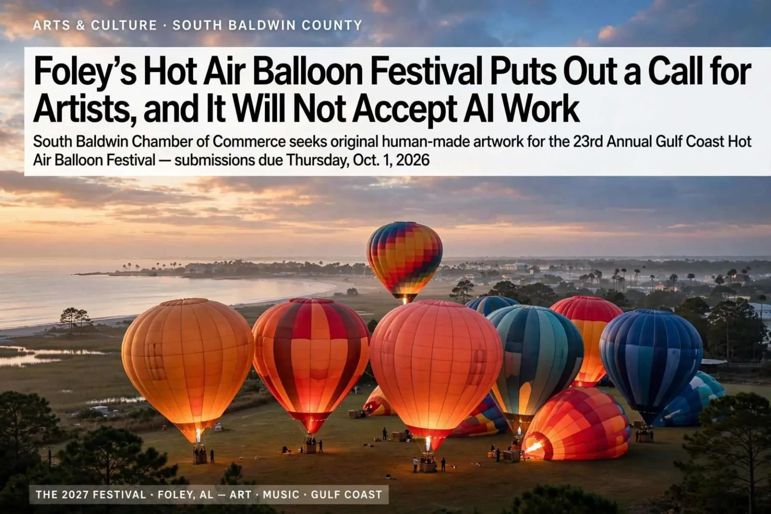 Illustration for the news story: Foley’s Hot Air Balloon Festival Puts Out a Call for Artists, and It Will Not Accept AI Work
