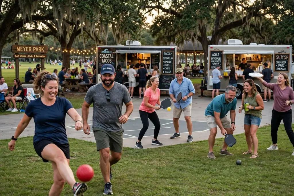 Illustration for the news story: Gulf Shores Invites Grown-Ups Back to the Playground With Free Adult Recess Night at Meyer Park