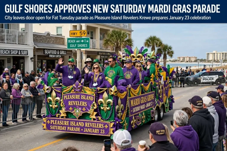 Illustration for the news story: Gulf Shores Approves New Saturday Mardi Gras Parade, Leaves Door Open for Fat Tuesday