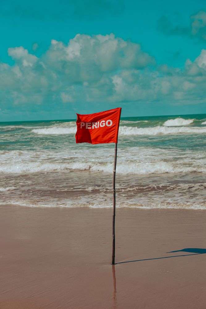 Beach warning flag flying above Gulf Coast surf