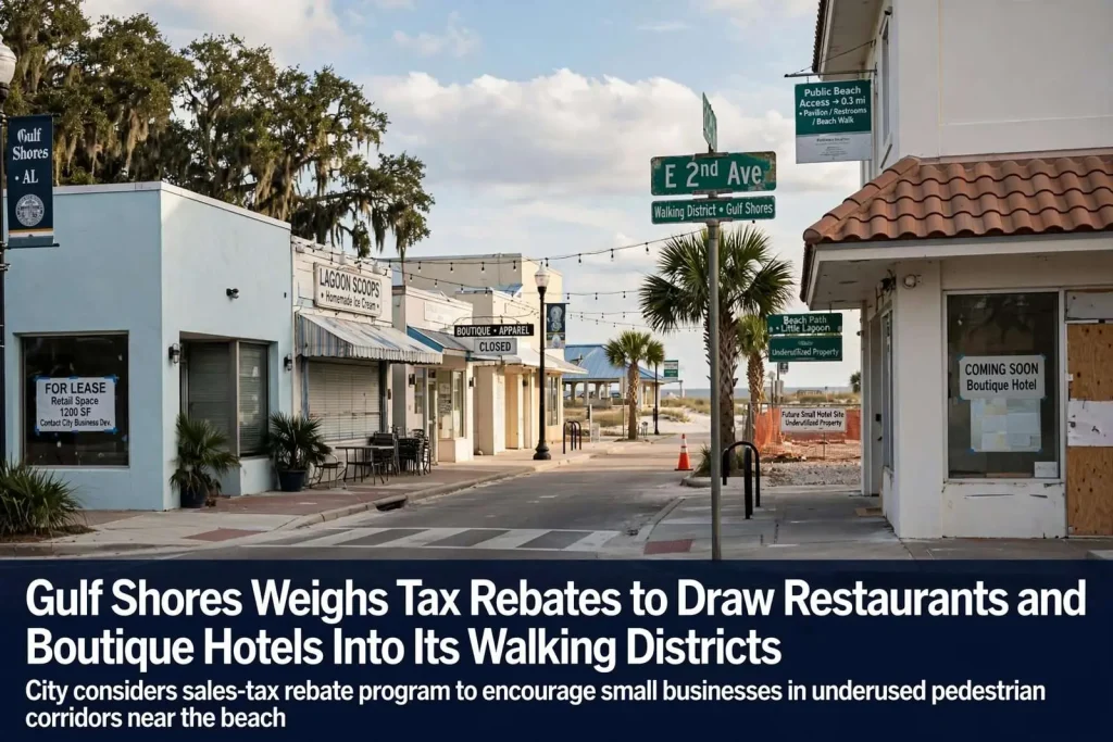 Illustration for the news story: Gulf Shores Weighs Tax Rebates to Draw Restaurants and Boutique Hotels Into Its Walking Districts