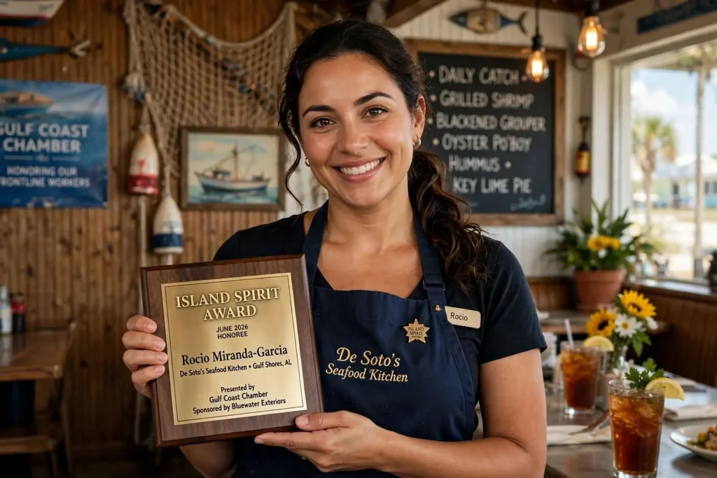 Illustration for the news story: Gulf Shores Chamber Honors De Soto’s Seafood Employee Rocio Miranda-Garcia with Island Spirit Award