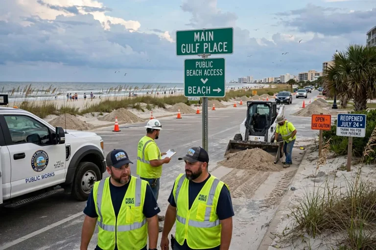 Illustration for the news story: Gulf Shores Reopens Main and West Gulf Place After Bertha Sand Cleanup, Urges Storm Prep
