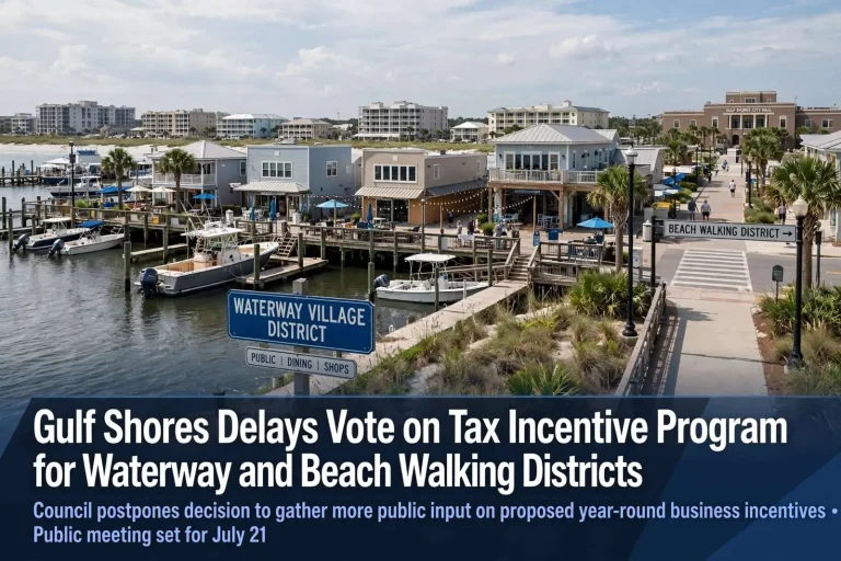 Illustration for the news story: Gulf Shores Delays Vote on Tax Incentive Program for Waterway and Beach Walking Districts