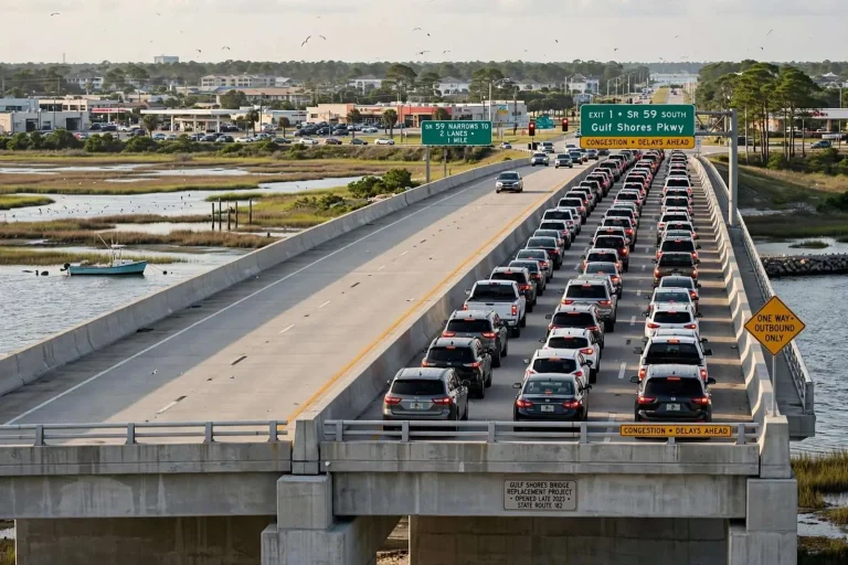Illustration for the news story: Gulf Shores Mayor Says the New One-Way Bridge Gets People In, but Not Out