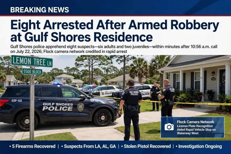 Illustration for the news story: Eight Arrested After Armed Robbery at Gulf Shores Residence