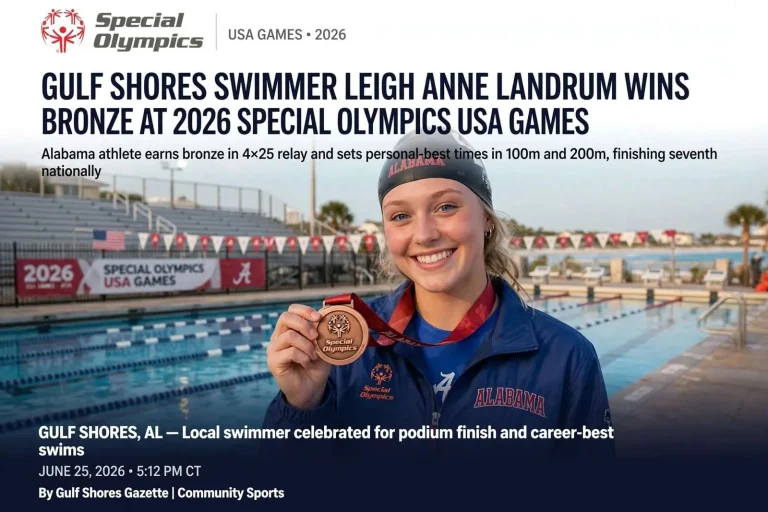Illustration for the news story: Gulf Shores Swimmer Leigh Anne Landrum Wins Bronze at 2026 Special Olympics USA Games