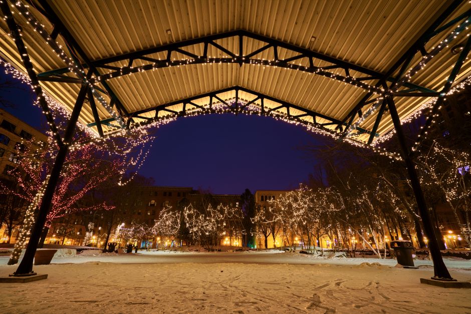 A beachside park pavilion set up for a holiday community event