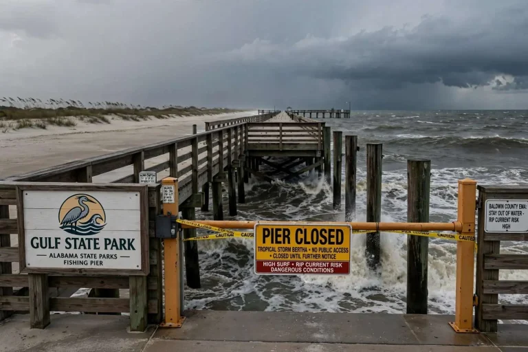 Illustration for the news story: Gulf State Park Pier Closes in Gulf Shores as Bertha Roughs Up the Surf