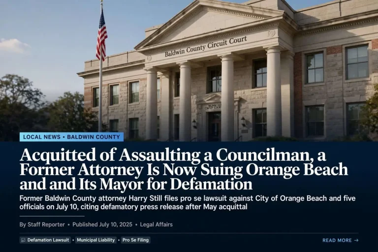 Illustration for the news story: Acquitted of Assaulting a Councilman, a Former Attorney Is Now Suing Orange Beach and Its Mayor for Defamation
