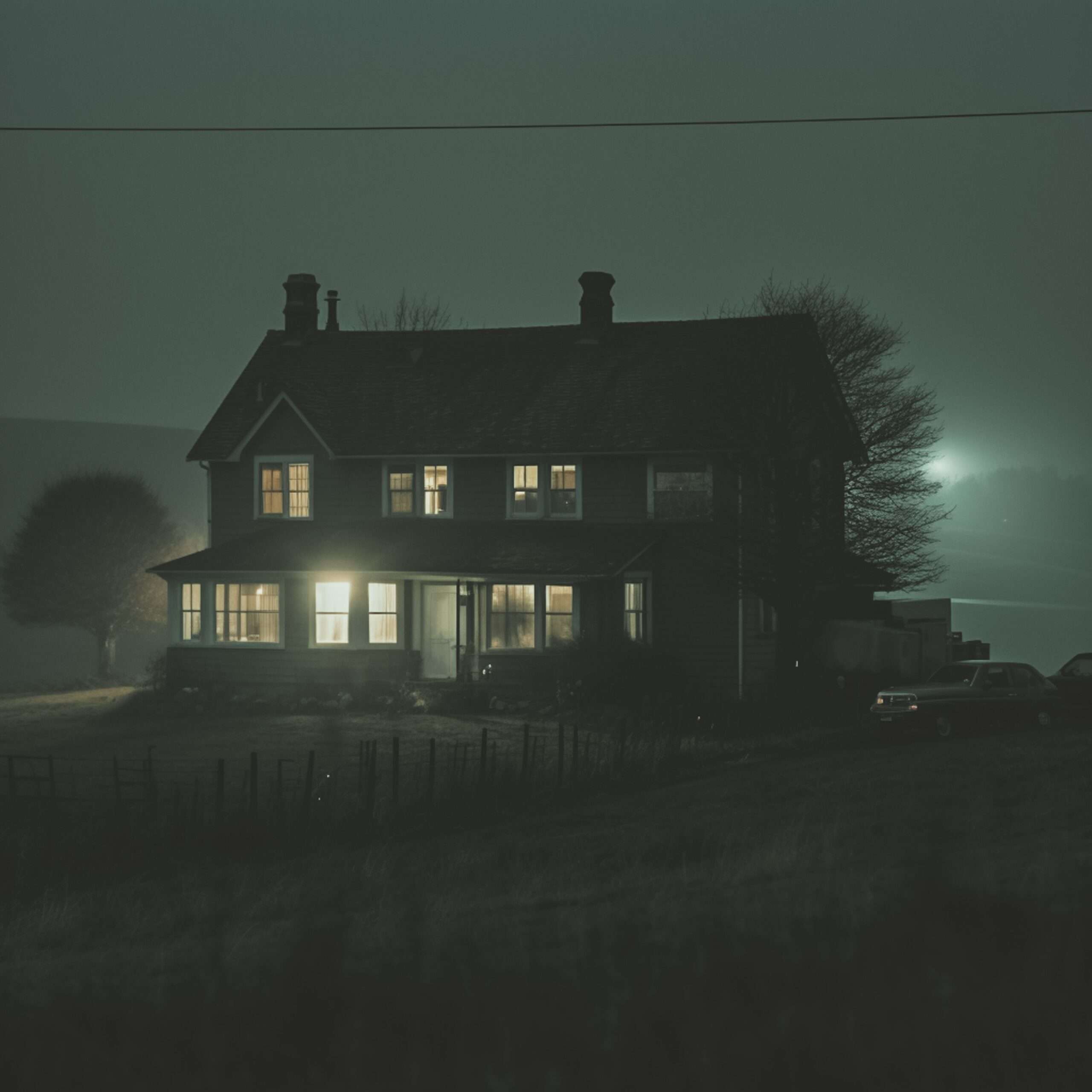 A historic house shrouded in fog at night, evoking the ghost stories of old Mobile