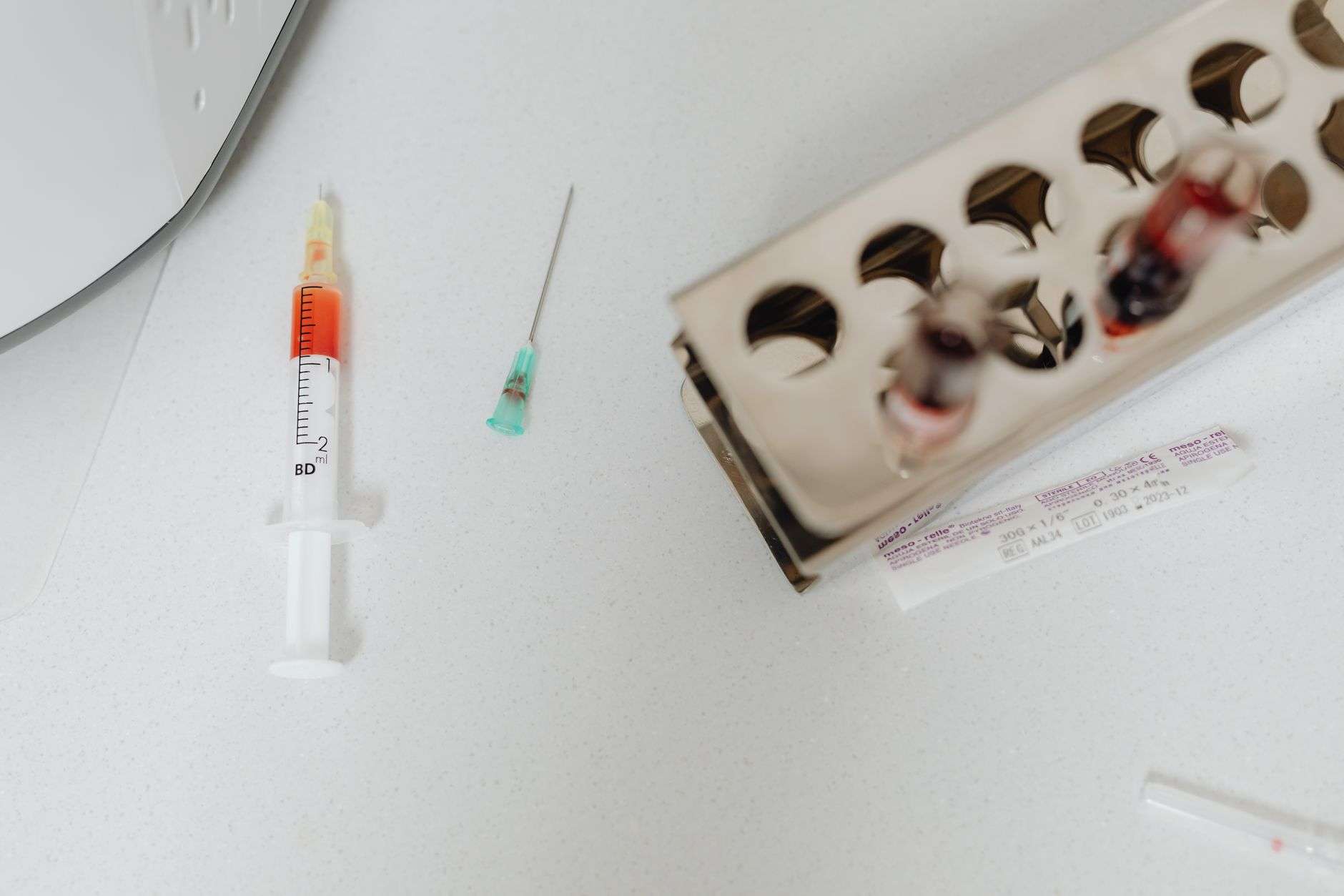Rack of blood sample vials used for hepatitis testing in a clinical laboratory