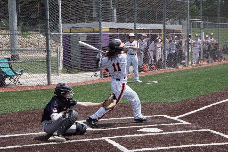 High school baseball player at bat during a game, with the catcher and dugout visible behind home plate