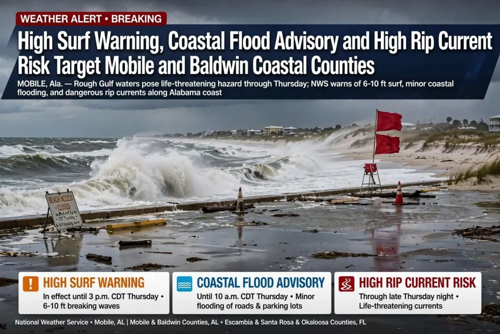 Illustration for the news story: High Surf Warning, Coastal Flood Advisory and High Rip Current Risk Target Mobile and Baldwin Coastal Counties