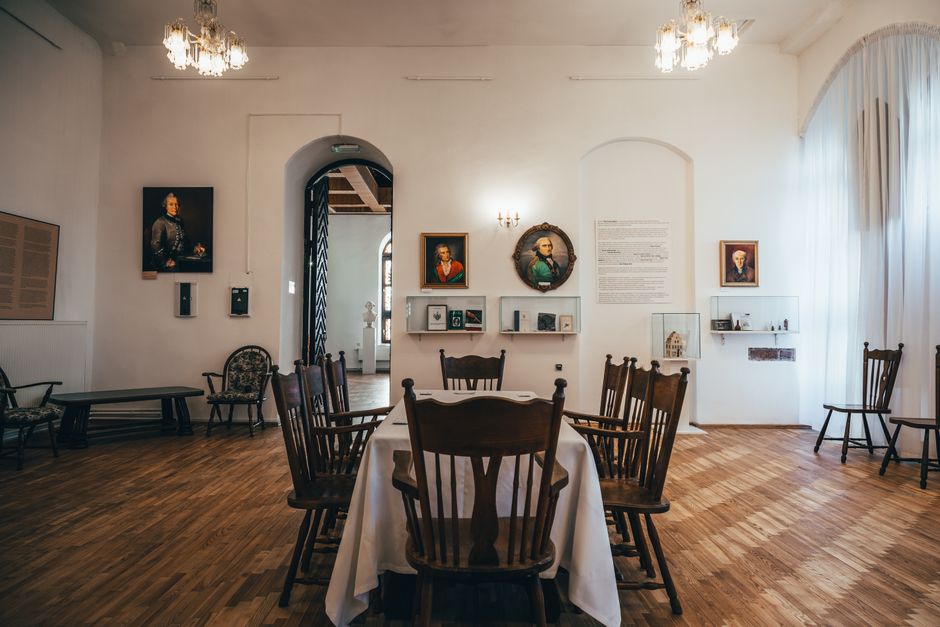 Interior of a historic house museum with period artwork