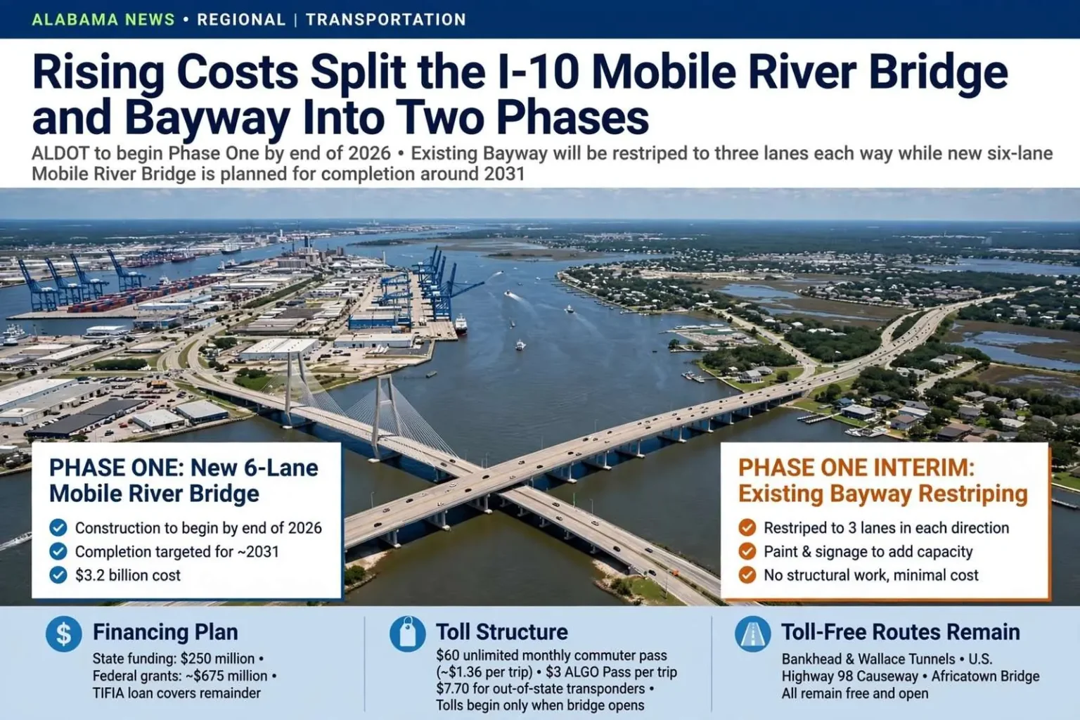 Illustration for the news story: Rising Costs Split the I-10 Mobile River Bridge and Bayway Into Two Phases