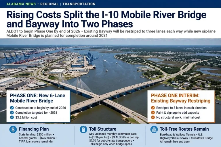 Illustration for the news story: Rising Costs Split the I-10 Mobile River Bridge and Bayway Into Two Phases