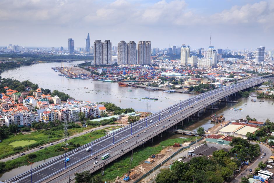 An interstate highway bridge crossing a river