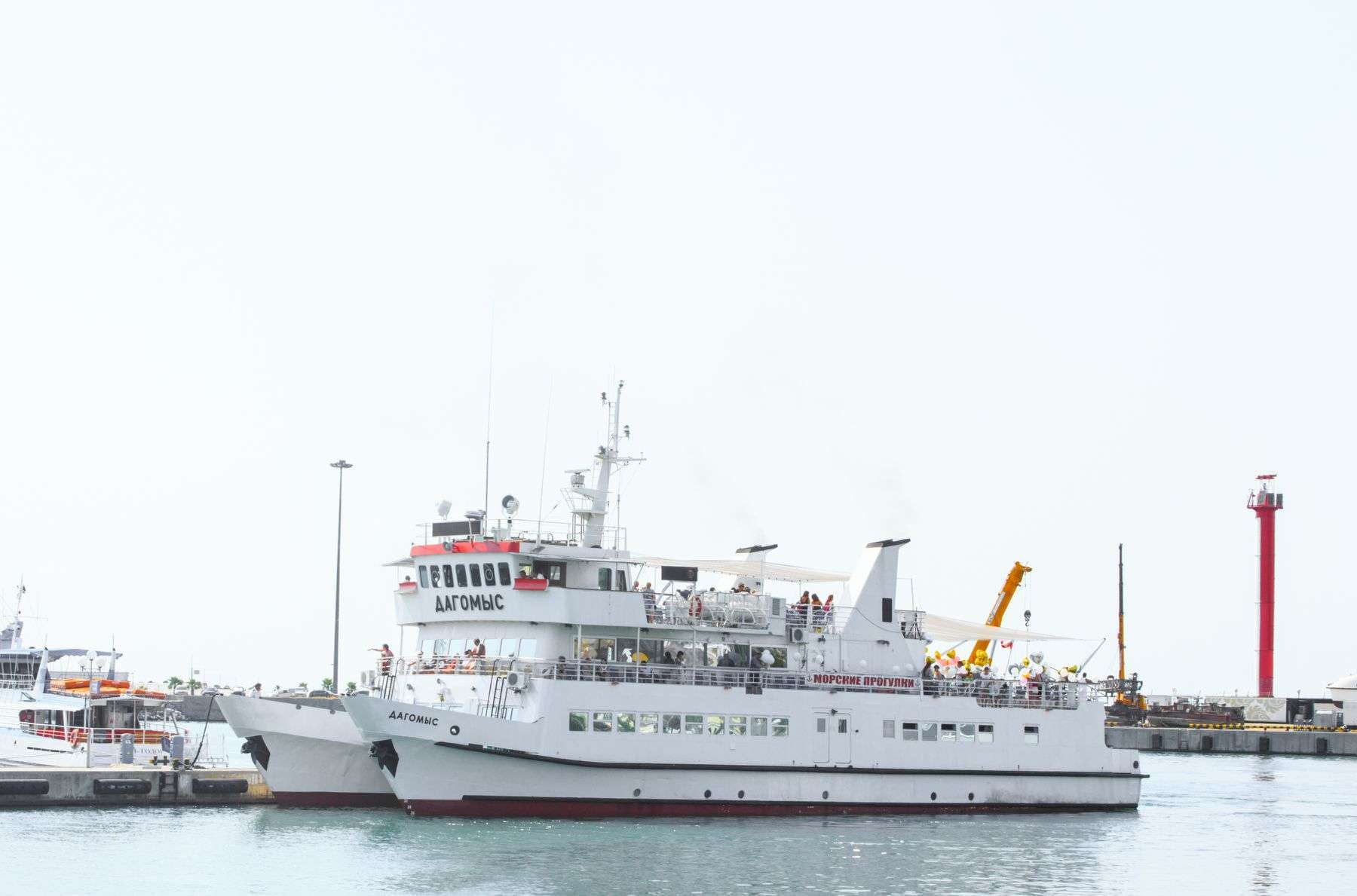 Large white cruise ship docked at a passenger terminal