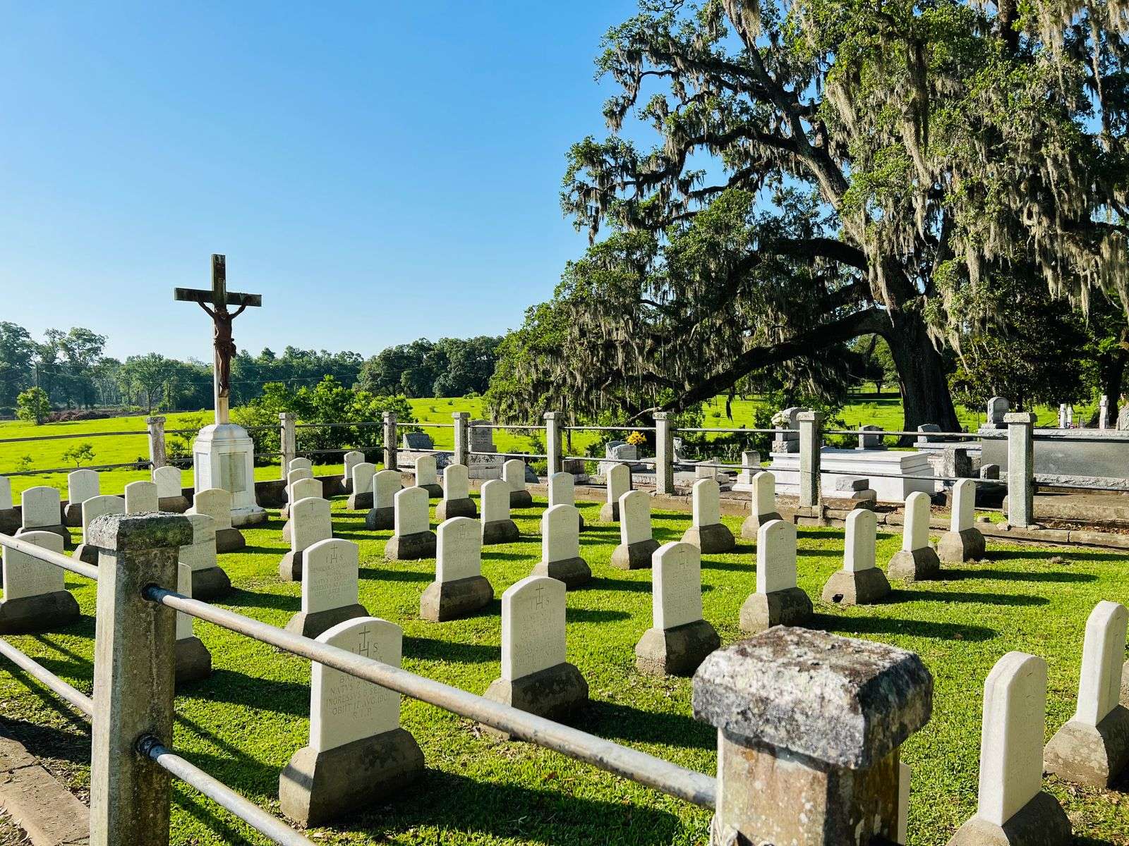 Old headstones and raised tombs in a shaded historic cemetery