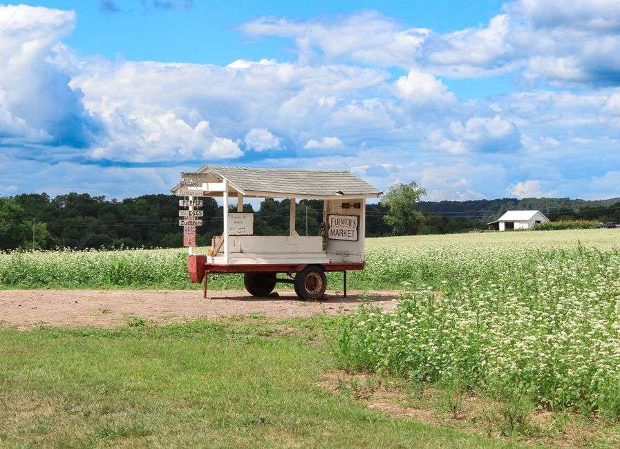 A rural farmstand with produce for sale