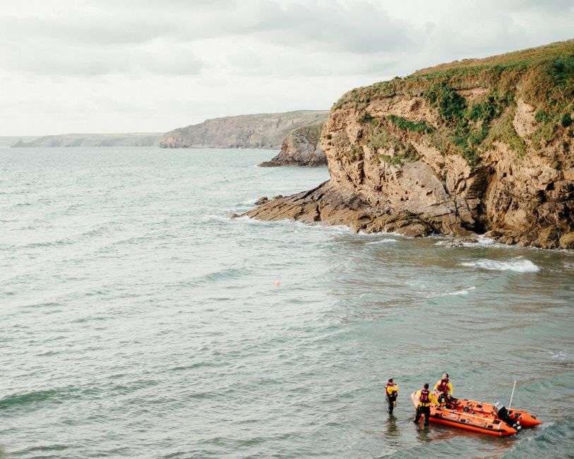 Search and rescue vessel on calm bay waters
