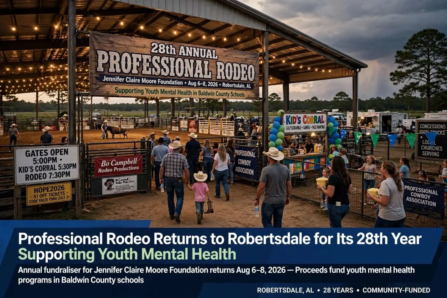 Illustration for the news story: Professional Rodeo Returns to Robertsdale in August for Its 28th Year Supporting Youth Mental Health