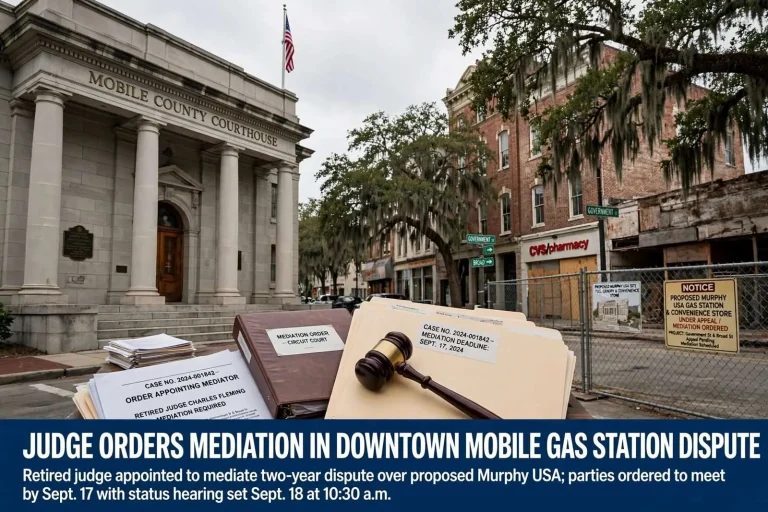 Illustration for the news story: Judge Orders Mediation in Downtown Mobile Gas Station Dispute