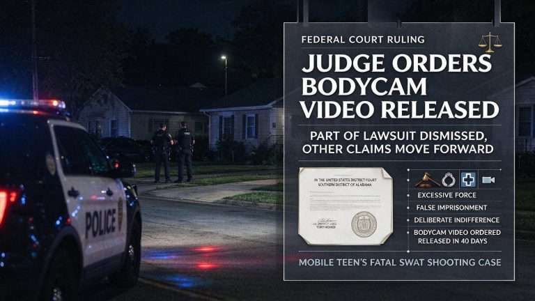Illustration for the news story: Judge Splits Ruling in Mobile Teen’s Fatal SWAT Shooting Lawsuit, Orders Bodycam Video Released