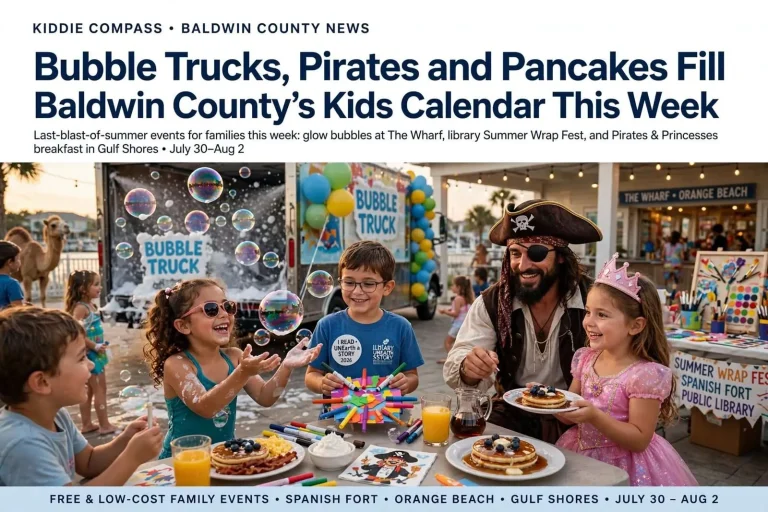 Illustration for the news story: Kiddie Compass: Bubble Trucks, Pirates and Pancakes Fill Baldwin County’s Kids Calendar This Week