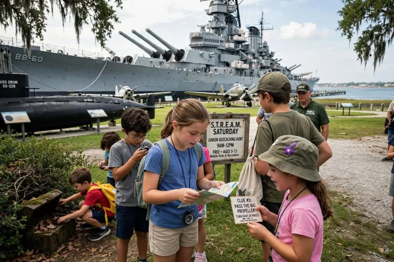 Illustration for the news story: Kids Will Hunt for Hidden Treasure Aboard the USS Alabama This Saturday as Mobile Parks and Rec Teaches Navigation Through Geocaching