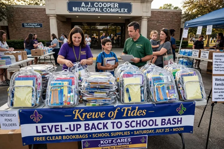 Illustration for the news story: Free Bookbags and School Supplies Land in Prichard on July 25 as the Krewe of Tides Runs Its Level-Up Bash