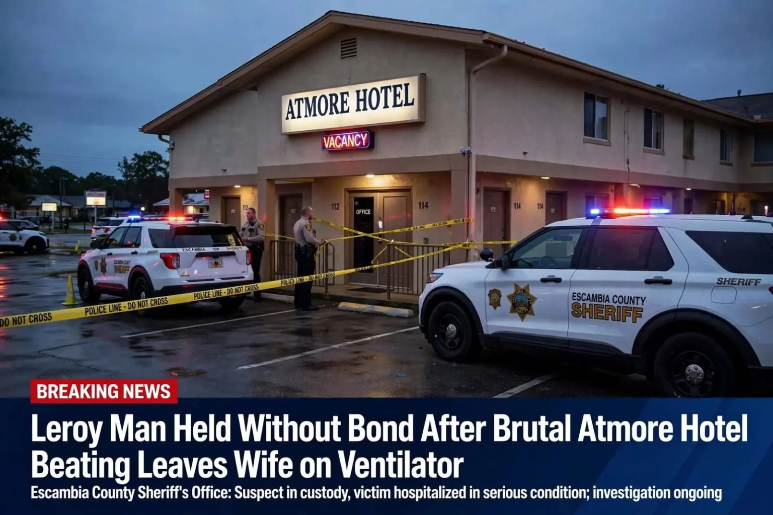 Illustration for the news story: Leroy Man Held Without Bond After Brutal Atmore Hotel Beating Leaves Wife on Ventilator