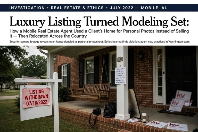 Illustration for the news story: Luxury Listing Turned Modeling Set: How a Mobile Real Estate Agent Used a Client’s Home for Personal Photos Instead of Selling It — Then Relocated Across the Country
