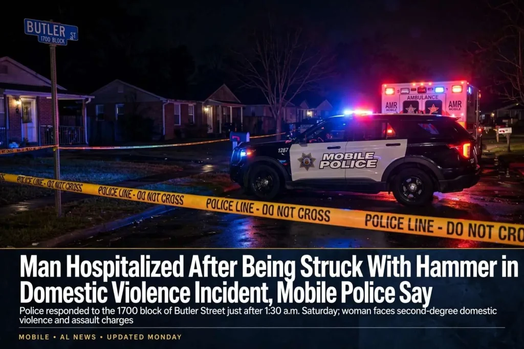 Illustration for the news story: Man Hospitalized After Being Struck With Hammer in Domestic Violence Incident, Mobile Police Say