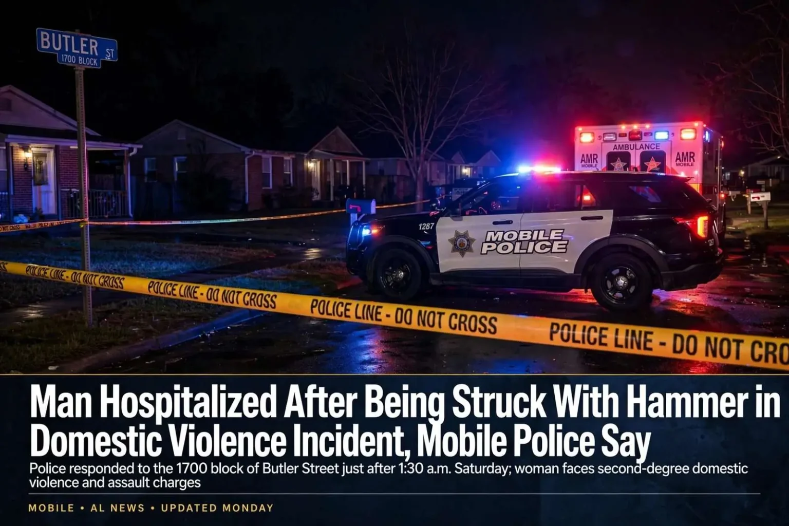 Illustration for the news story: Man Hospitalized After Being Struck With Hammer in Domestic Violence Incident, Mobile Police Say