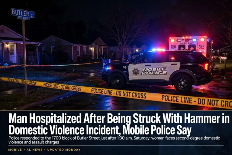 Illustration for the news story: Man Hospitalized After Being Struck With Hammer in Domestic Violence Incident, Mobile Police Say