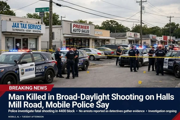 Illustration for the news story: Man Killed in Broad-Daylight Shooting on Halls Mill Road, Mobile Police Say