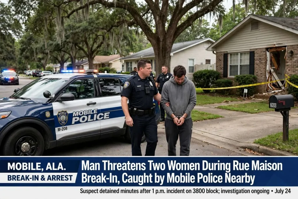 Illustration for the news story: Man Threatens Two Women During Rue Maison Break-In, Caught by Mobile Police Nearby