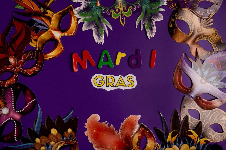 Colorful masquerade masks representing a Mardi Gras costume ball