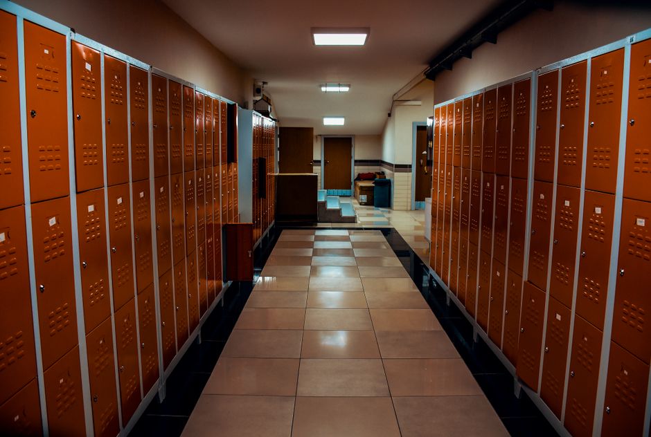 Empty high school hallway with lockers