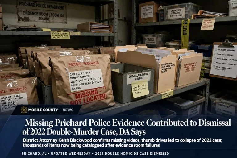 Illustration for the news story: Missing Prichard Police Evidence Contributed to Dismissal of 2022 Double-Murder Case, DA Says