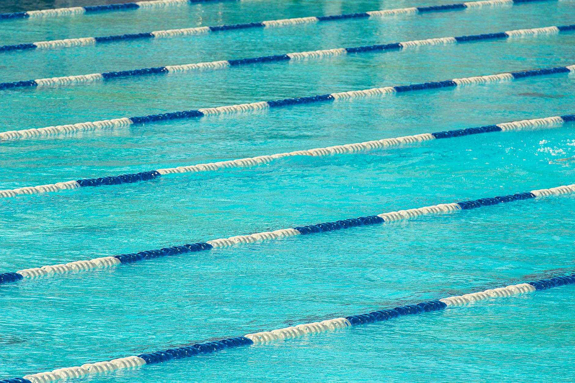 A competition-style outdoor swimming pool with lane dividers under sunlight