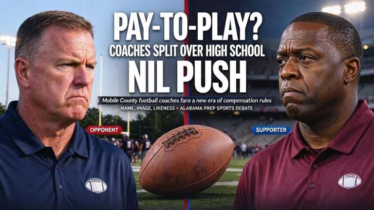 Illustration for the news story: Mobile-Area Football Coaches Split Over Push to Allow High School NIL Pay
